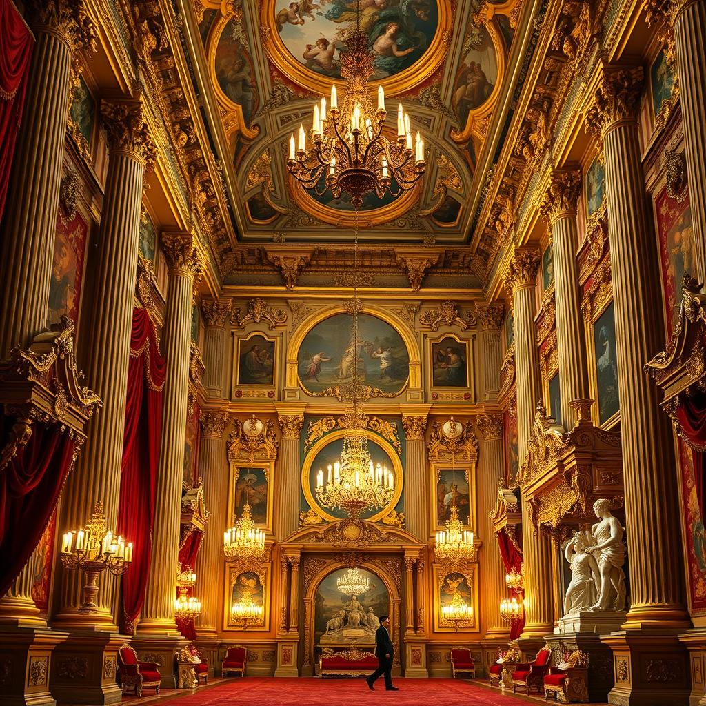 A stunning and intricate Baroque-style interior scene, featuring lavish decorations, opulent architecture with grand columns and elaborate moldings