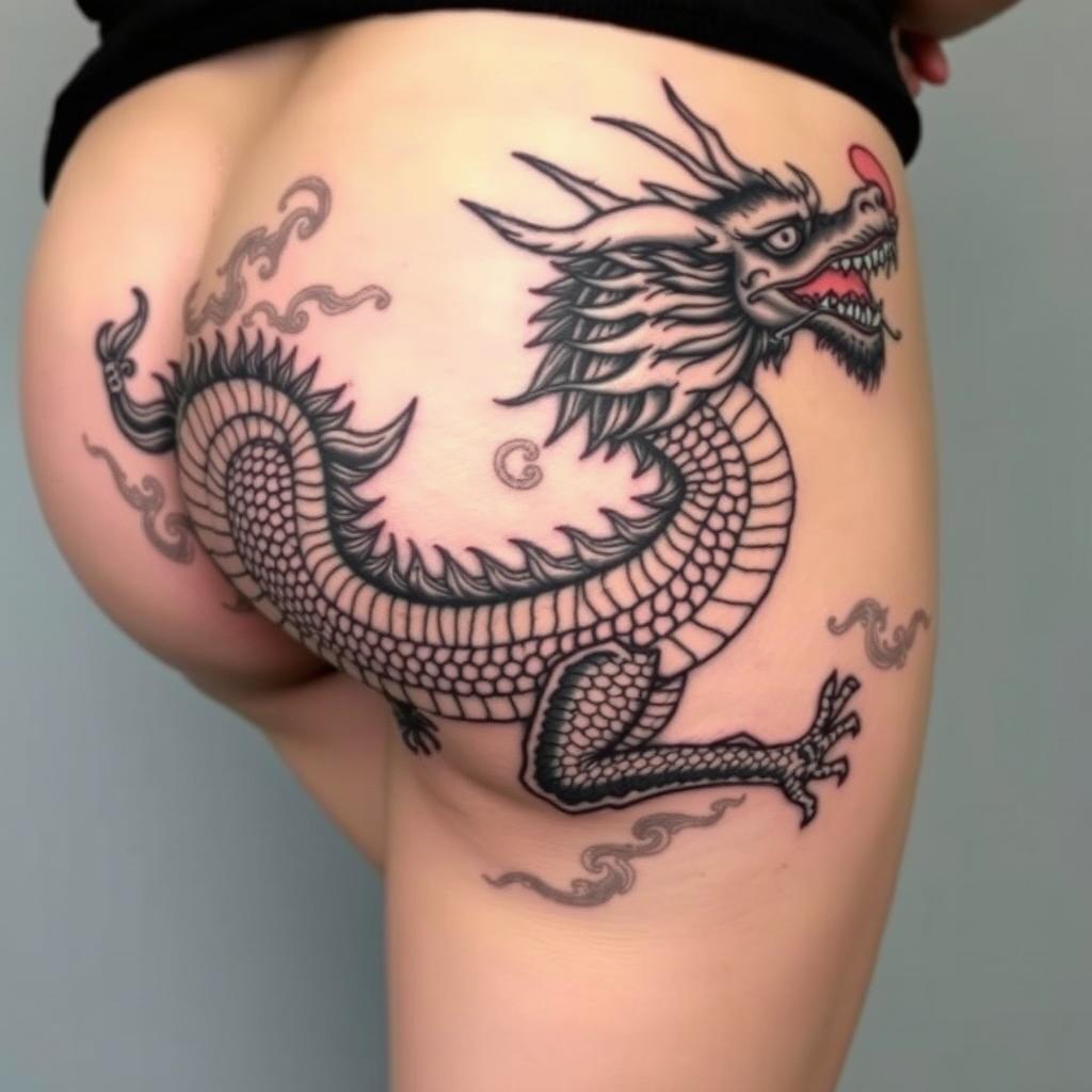 A large, intricate black oriental dragon tattoo, designed to cover the entire area of a buttock