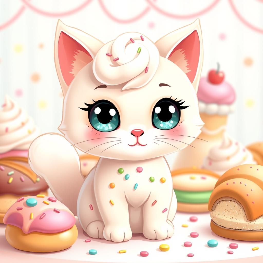 A cute chibi style pastry cat, featuring soft pastel colors, with big sparkling eyes, oversized head, and a small body