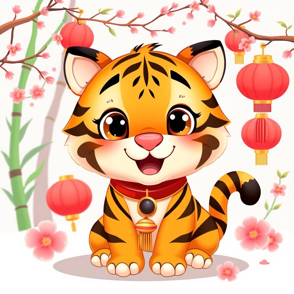 A cute, cartoon-style tiger with exaggerated features, big sparkling eyes, and a playful expression