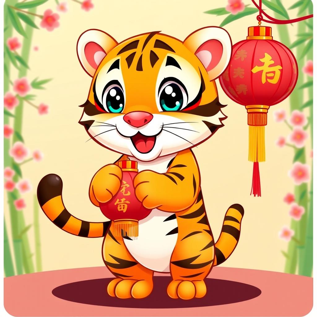 A cute, cartoon-style tiger standing on its hind legs, featuring big sparkling eyes and a playful expression