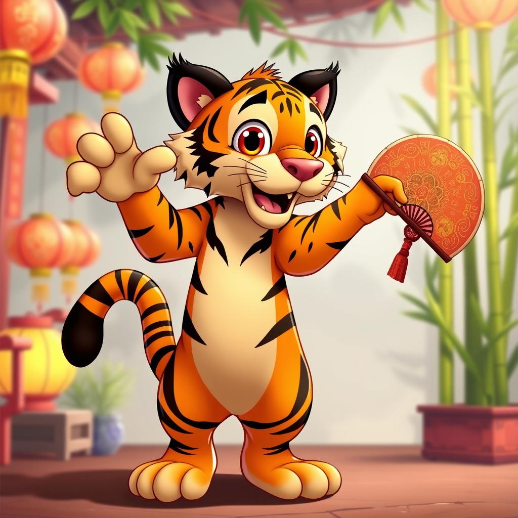 An animated-style tiger named Wildcats, depicted in a playful and energetic pose, standing on its hind legs