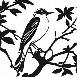 A high contrast, black and white vector-style illustration of a bird perched on a tree. The design should be simple, flat and captured in line art.