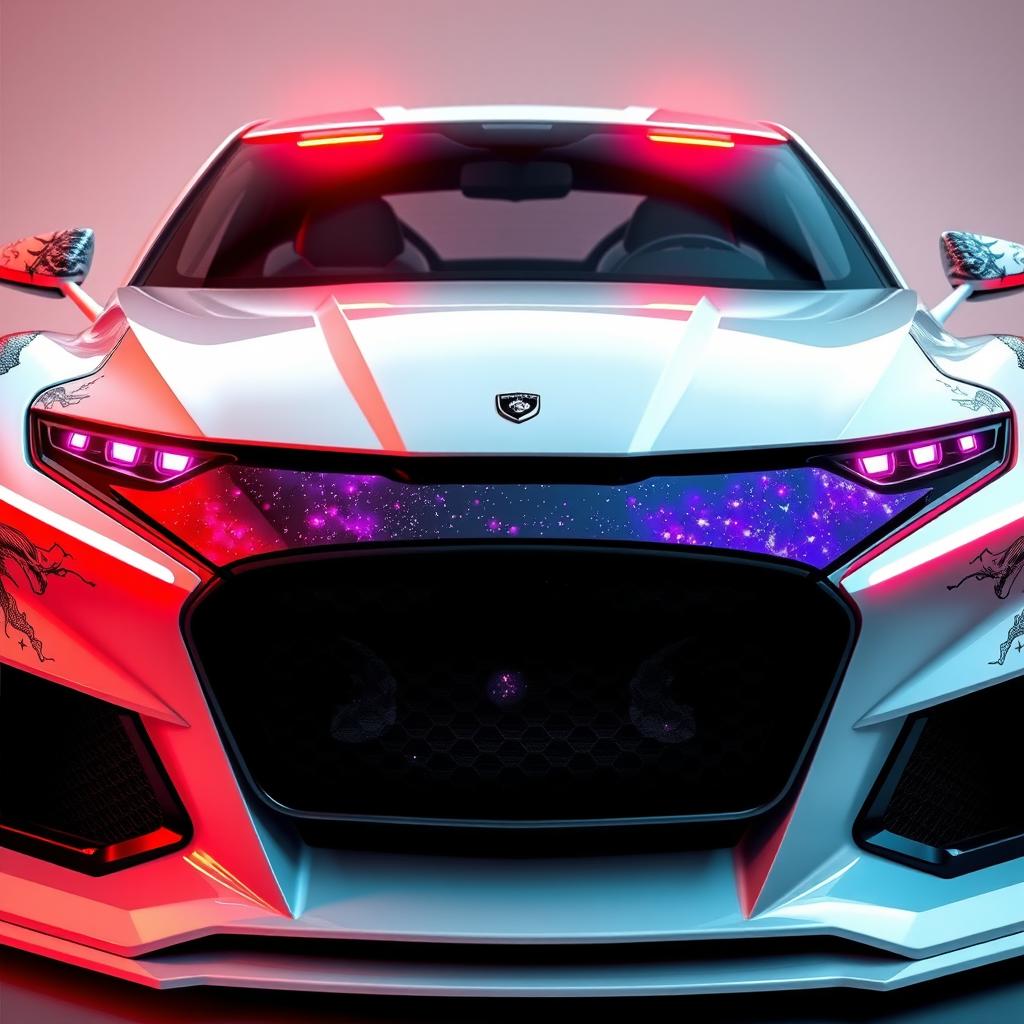 A futuristic car featuring a galaxy-themed front grille and dragon-skin patterned mirror frames