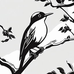 A high contrast, black and white vector-style illustration of a bird perched on a tree. The design should be simple, flat and captured in line art.