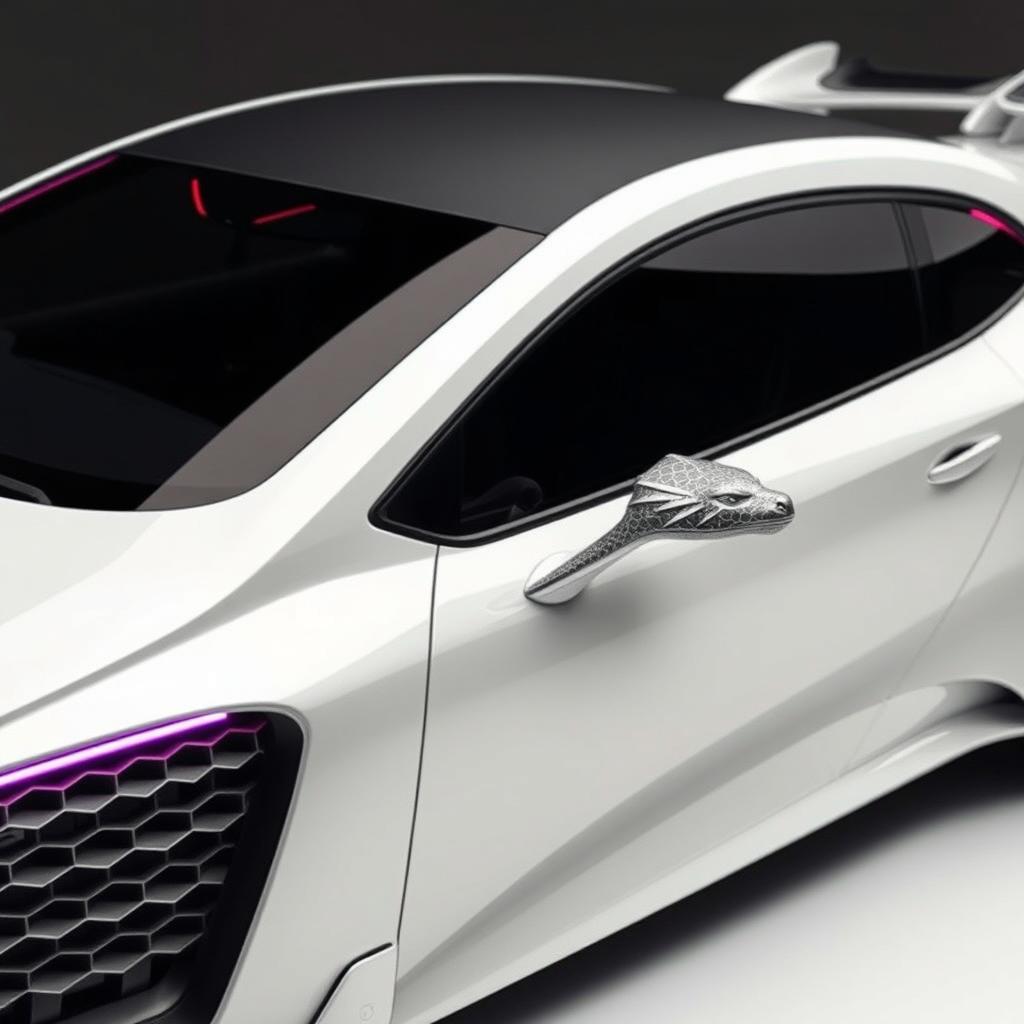 A futuristic car with a galactic grille design and dragon-skin patterned mirror frames