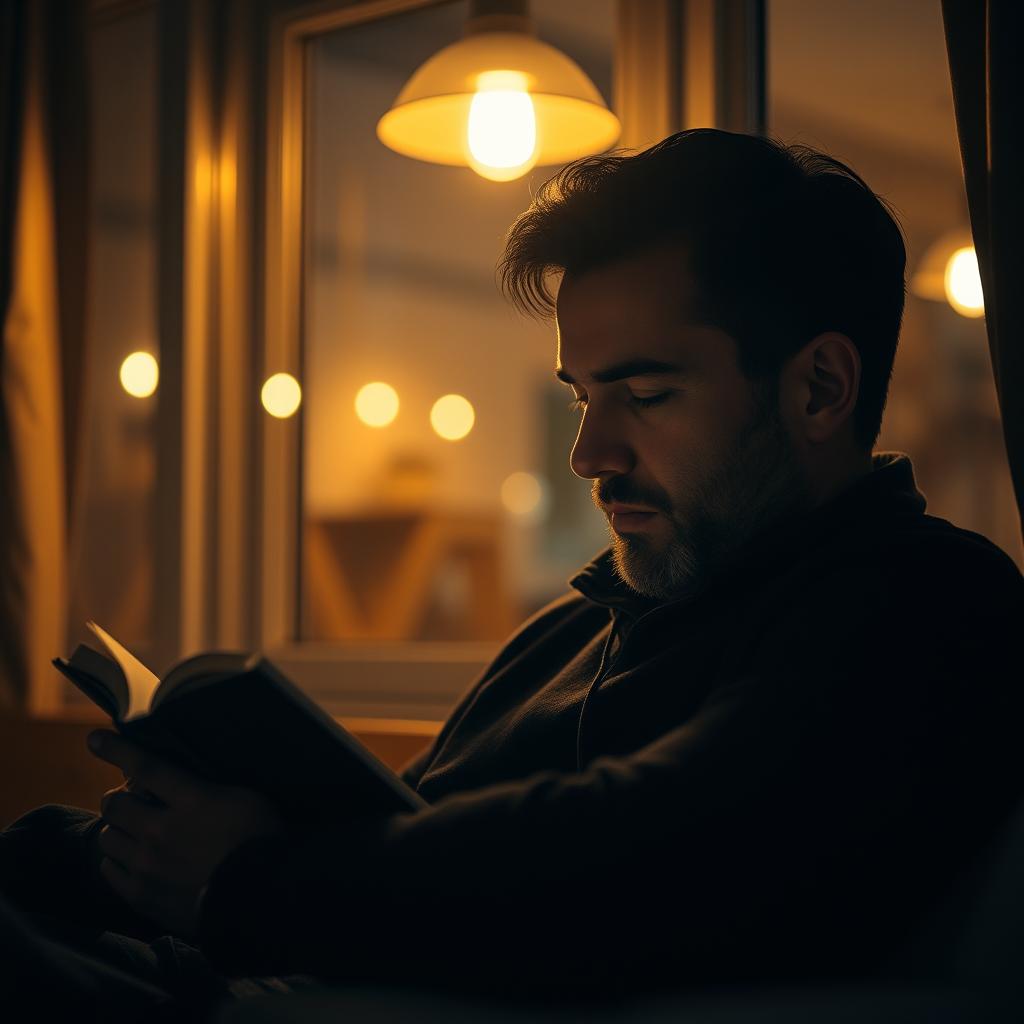 A cozy indoor scene featuring a man reading a book beneath soft, warm artificial lighting