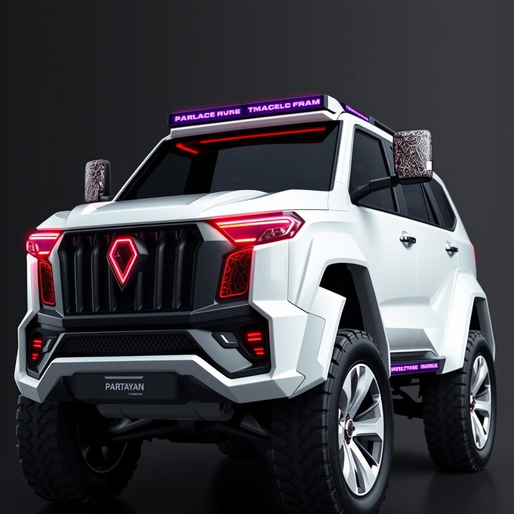 A tall SUV featuring a galactic grille design and dragon skin-patterned mirror frames