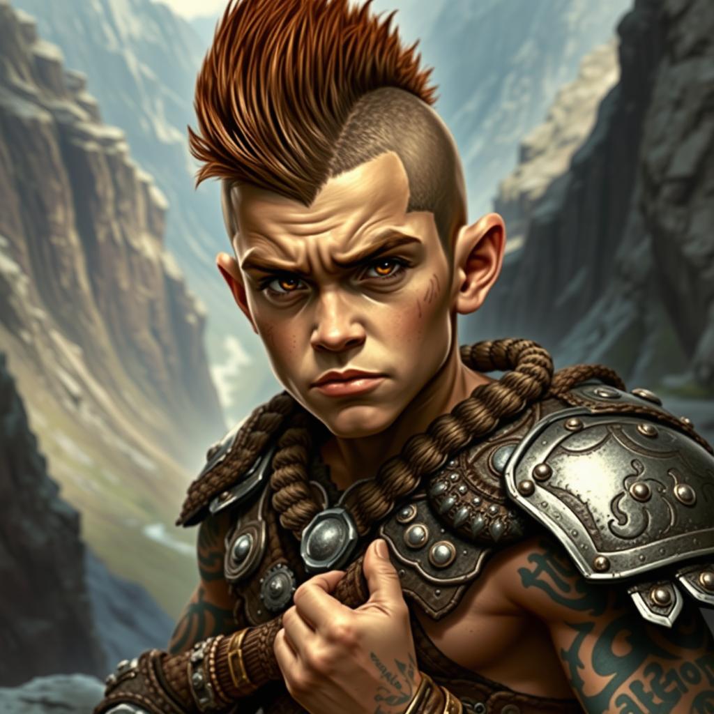 A young dwarven warrior with a striking mohawk hairstyle and intricate tattoos adorning his arms and face