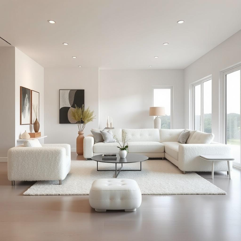 A modern minimalist home furniture design featuring soft, plush teddy fabric in white