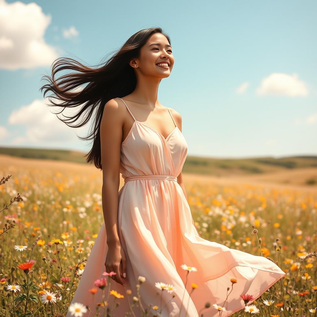 An elegant, fashionable young woman with long flowing dark hair, wearing a beautiful flowing sundress in pastel colors, standing in a sunlit meadow full of wildflowers