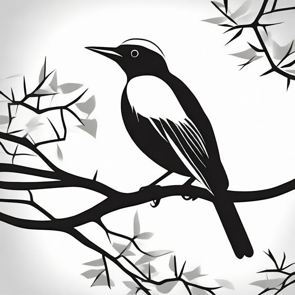 A high contrast, black and white vector-style illustration of a bird perched on a tree. The design should be simple, flat and captured in line art.