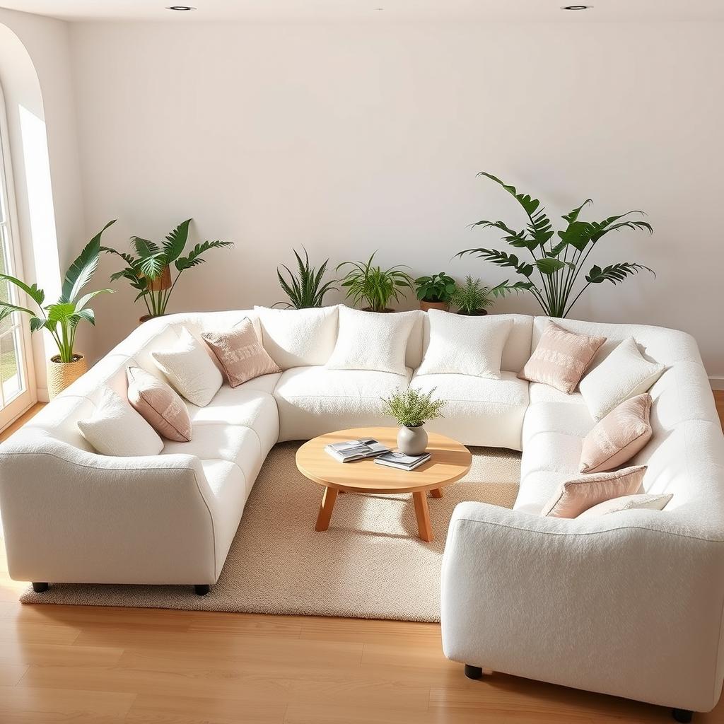 A new design of a minimalist eight-person home sofa set made with plush white teddy fabric