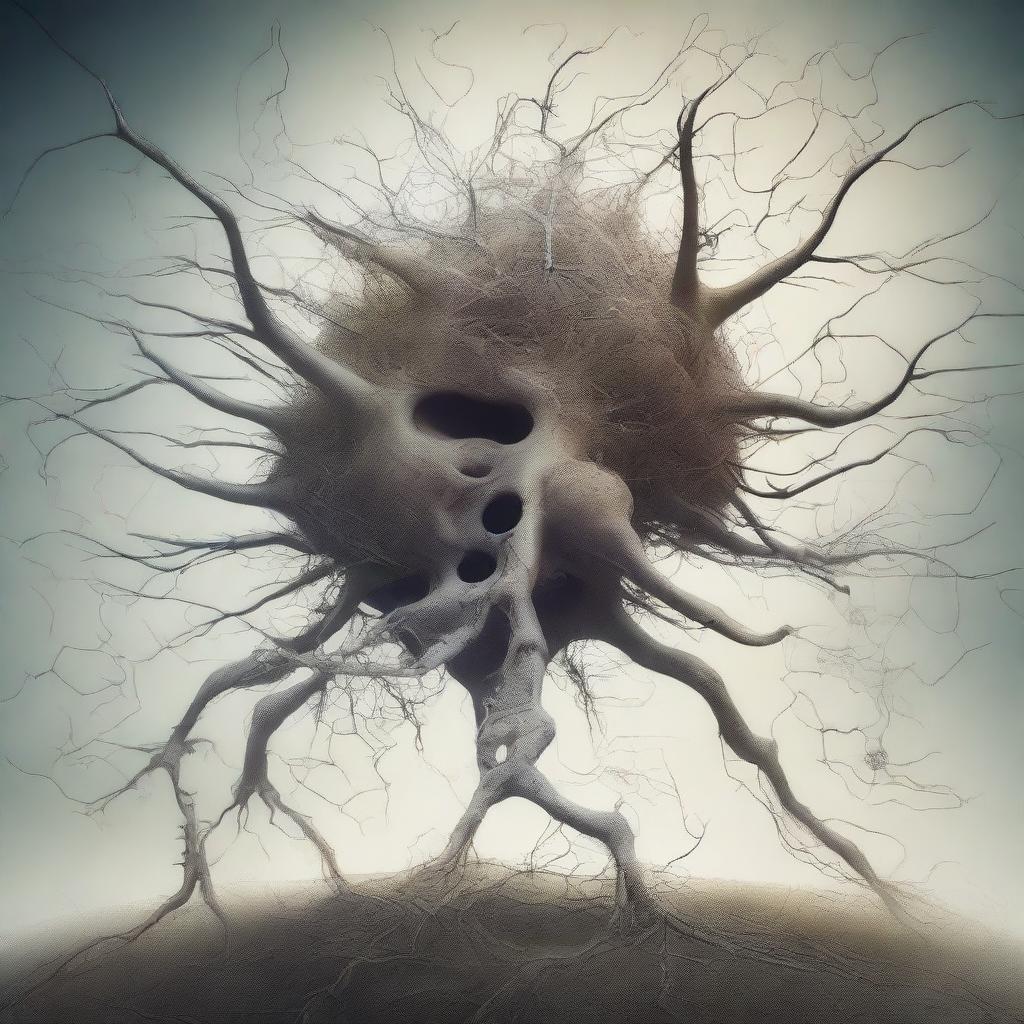 An intricate, high-quality digital art piece that portrays surreal neuron-headed riddle beasts