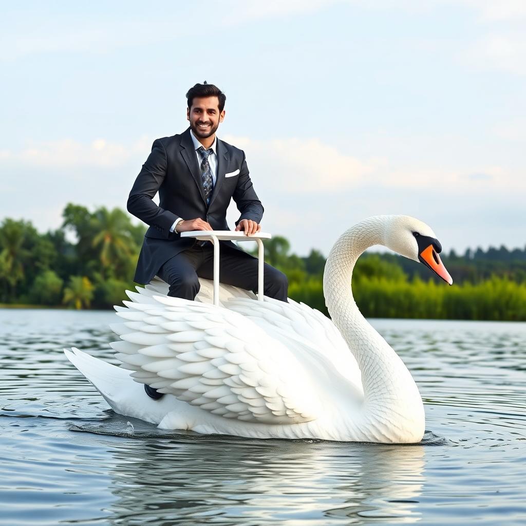 A powerful scene featuring Ali Fattahi, an engineer, managing a strong white furniture piece while riding a magnificent white swan
