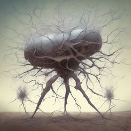 An intricate, high-quality digital art piece that portrays surreal neuron-headed riddle beasts