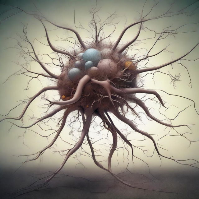 An intricate, high-quality digital art piece that portrays surreal neuron-headed riddle beasts