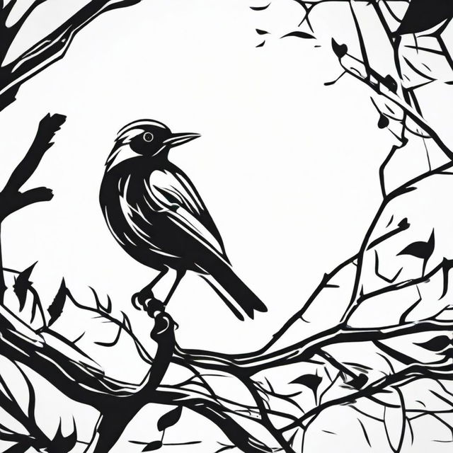 A high contrast, black and white vector-style illustration of a bird perched on a tree. The design should be simple, flat and captured in line art.