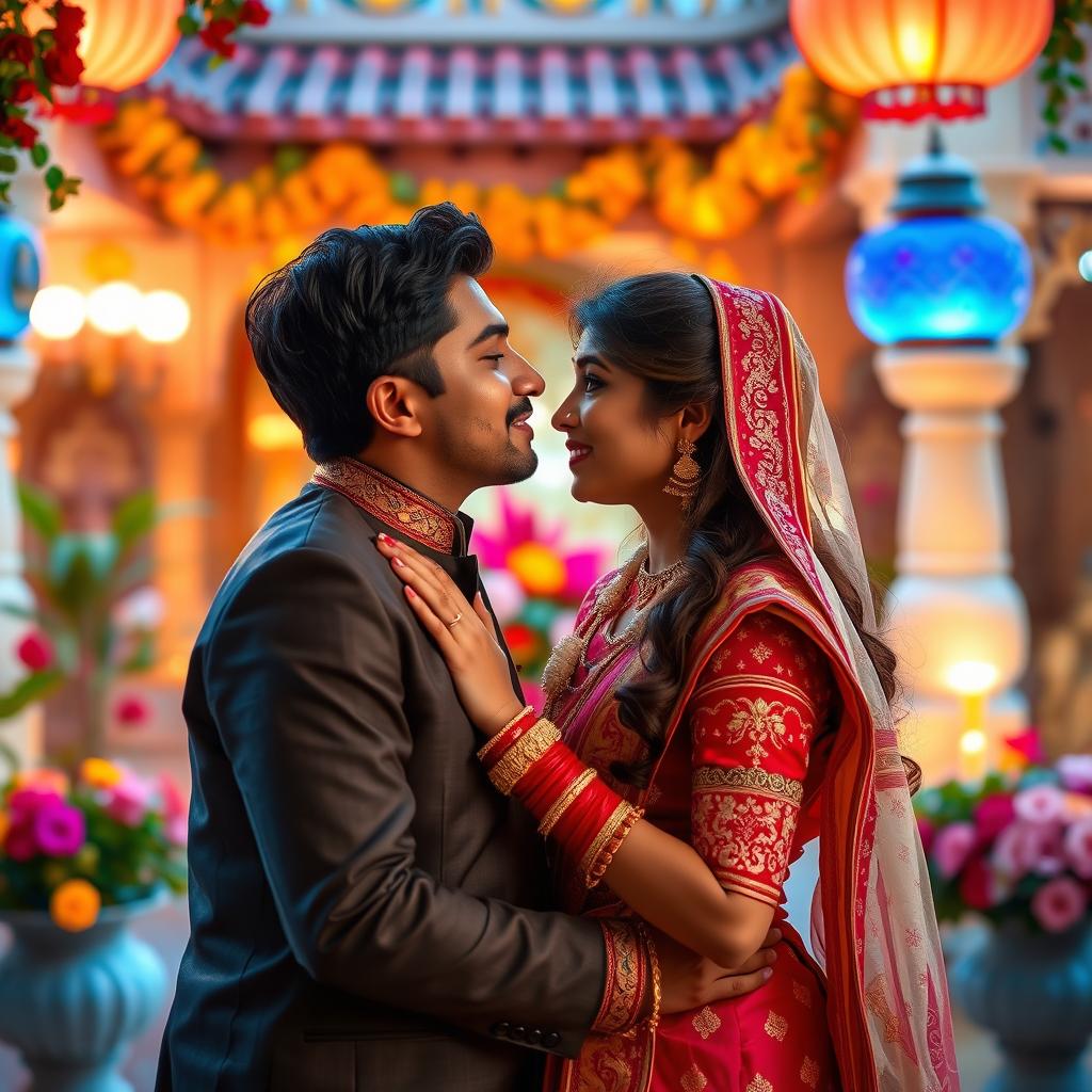 A romantic scene featuring a loving couple sharing a tender kiss, set against a beautiful Indian backdrop with traditional architecture and vibrant colors