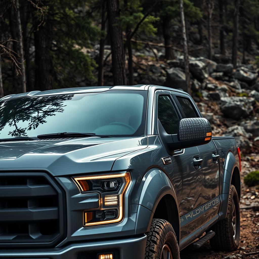 A gray pickup truck set in a rocky forest environment, featuring a crocodile skin pattern on its side mirrors
