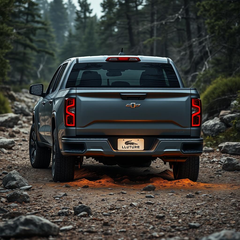A modern pickup truck with a sleek grey body, parked in a rocky forest terrain
