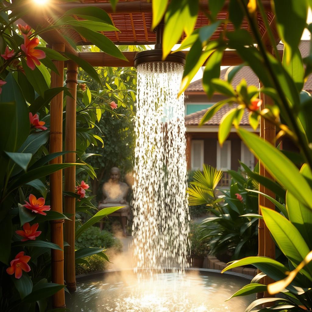 A serene and refreshing Indian-style outdoor shower surrounded by lush greenery