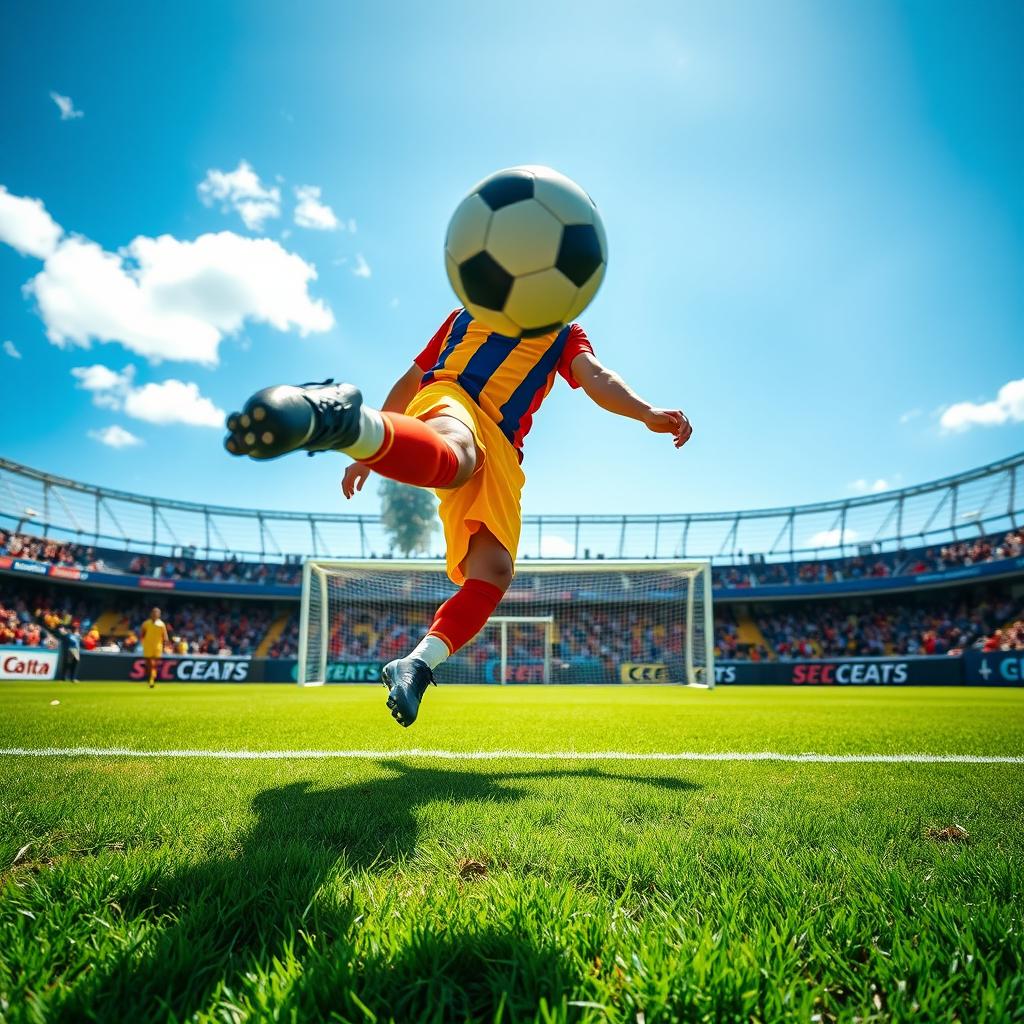 A vibrant and dynamic scene featuring a football pitch with goalposts, cheering fans in the background, and a bright blue sky
