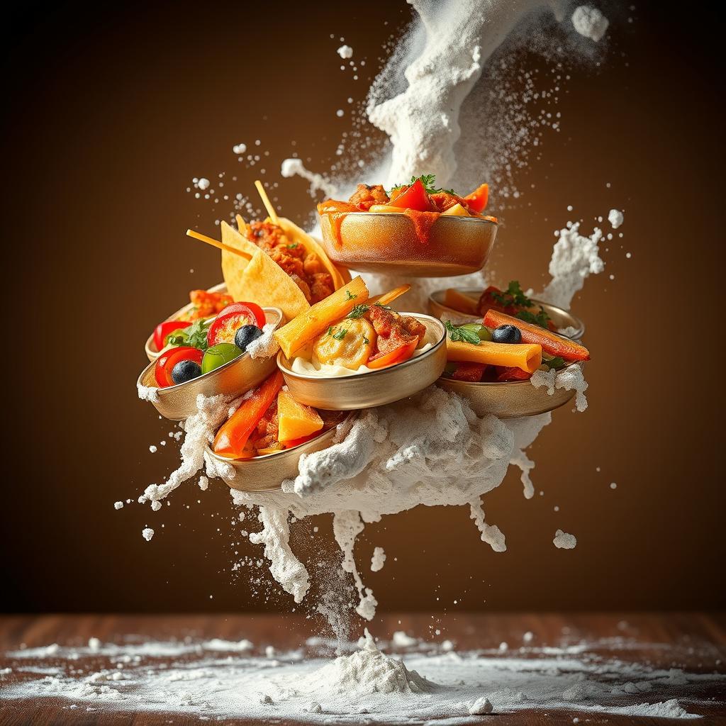 High-resolution food photography of a variety of colorful and vibrant dishes floating in mid-air, surrounded by dynamic flour splashes