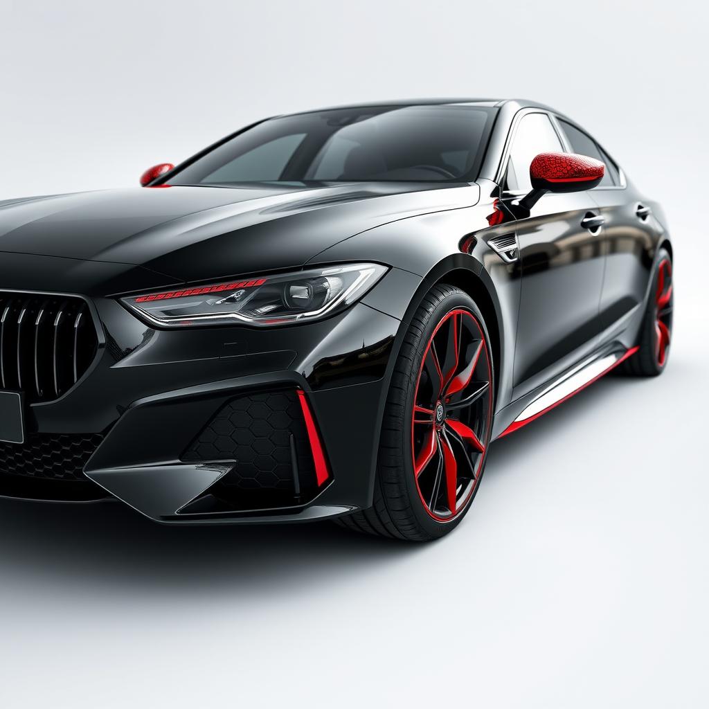A stunning black ceramic-coated sedan car featuring a striking red sequined snake skin pattern on the mirror covers