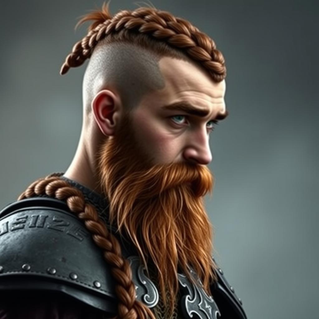 A tall young dwarf with a dark reddish-brown, slightly braided, shaved hairstyle and a braided beard