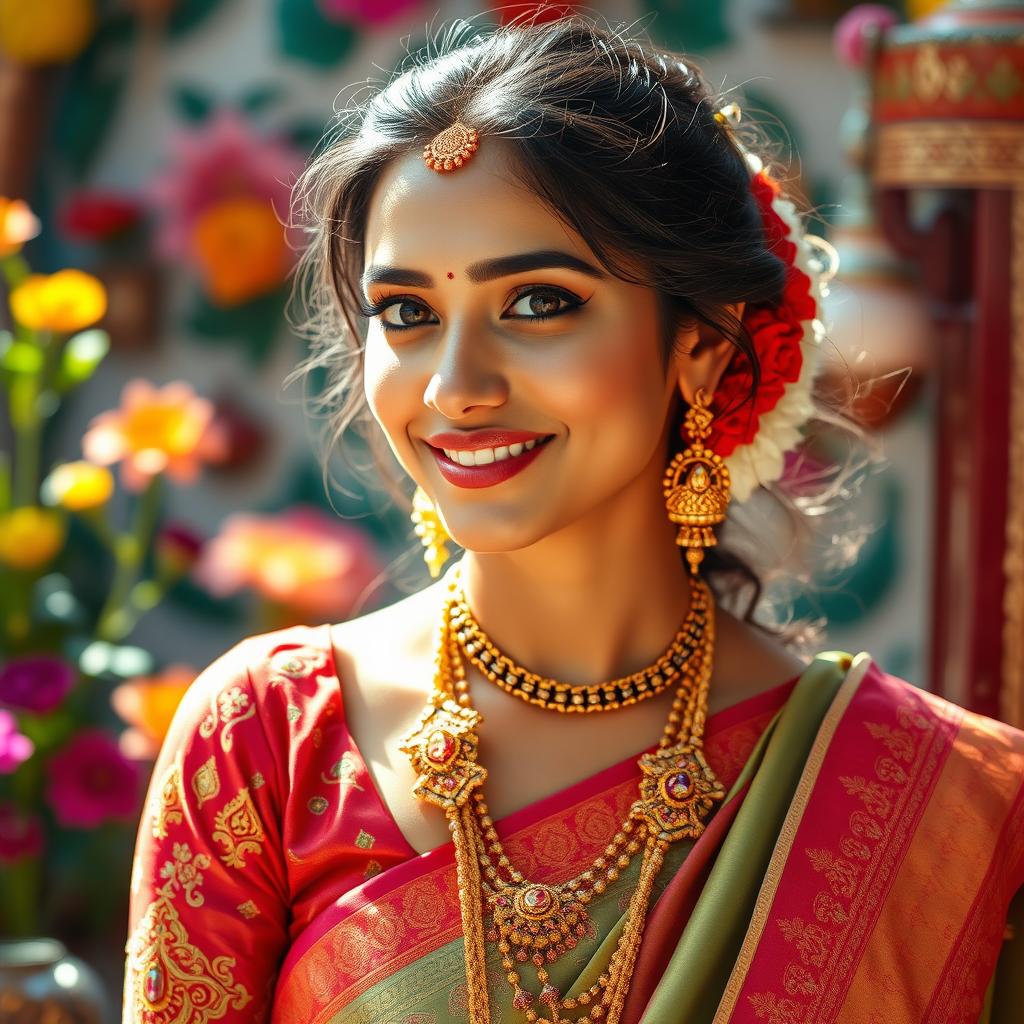 A captivating portrait of an Indian woman dressed in traditional attire, adorned with intricate jewelry, standing in a vibrant setting that showcases a rich cultural backdrop, with colorful flowers and decorative elements