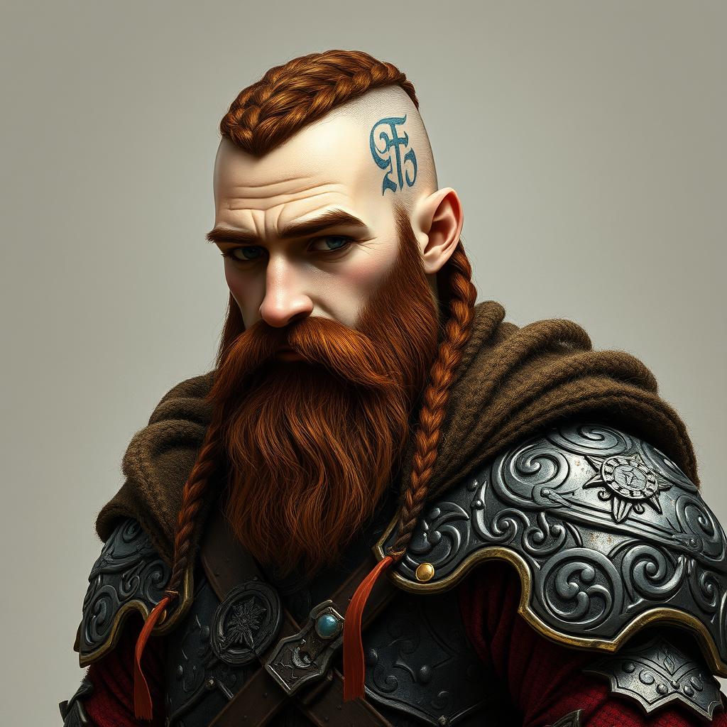 A tall, very rich young dwarf with dark reddish-brown slightly braided shaved hair and a braided beard