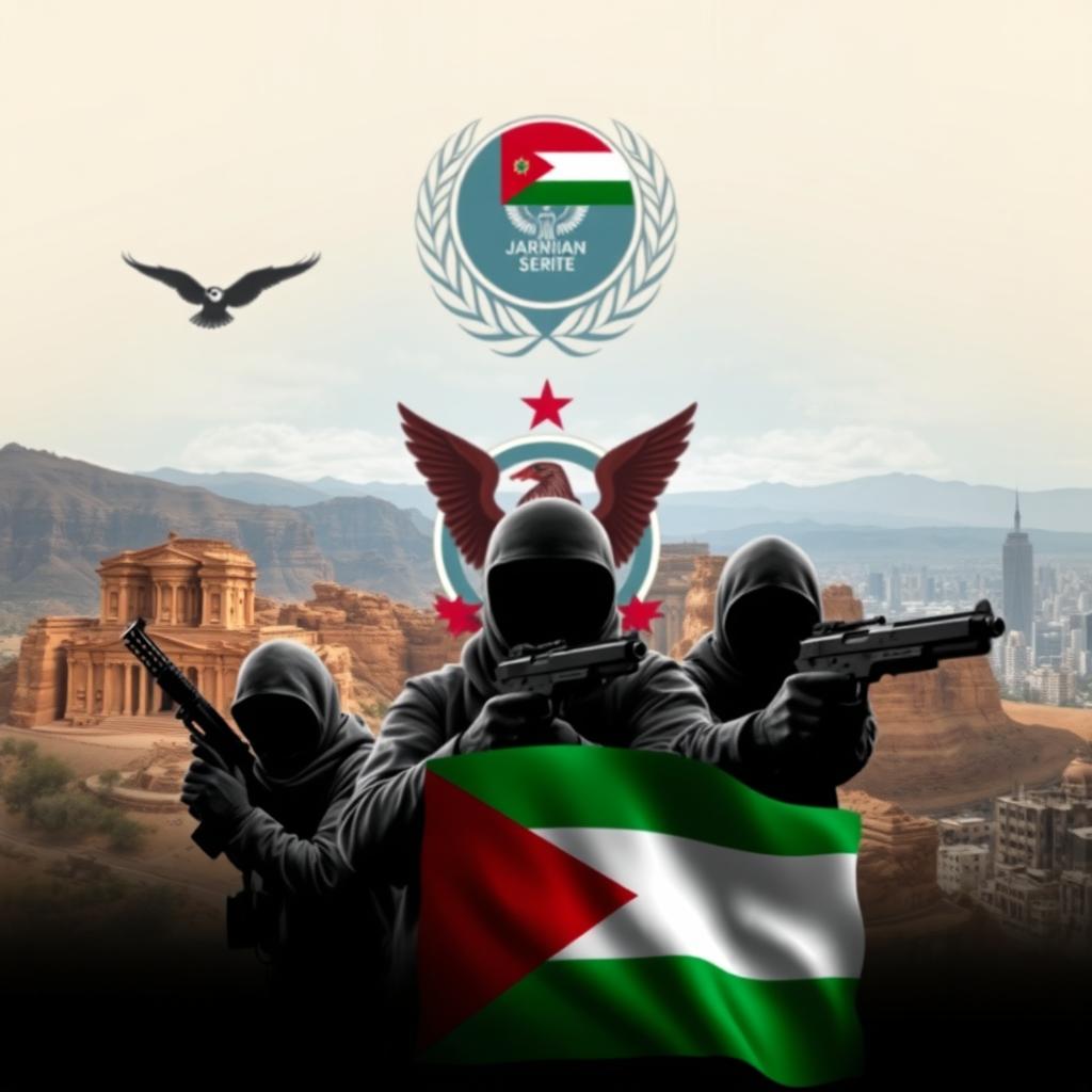 A visually striking representation of the Jordanian Secret Service featuring a blend of ancient and modern landscapes of Jordan, showcasing landmarks such as Petra and contemporary city views
