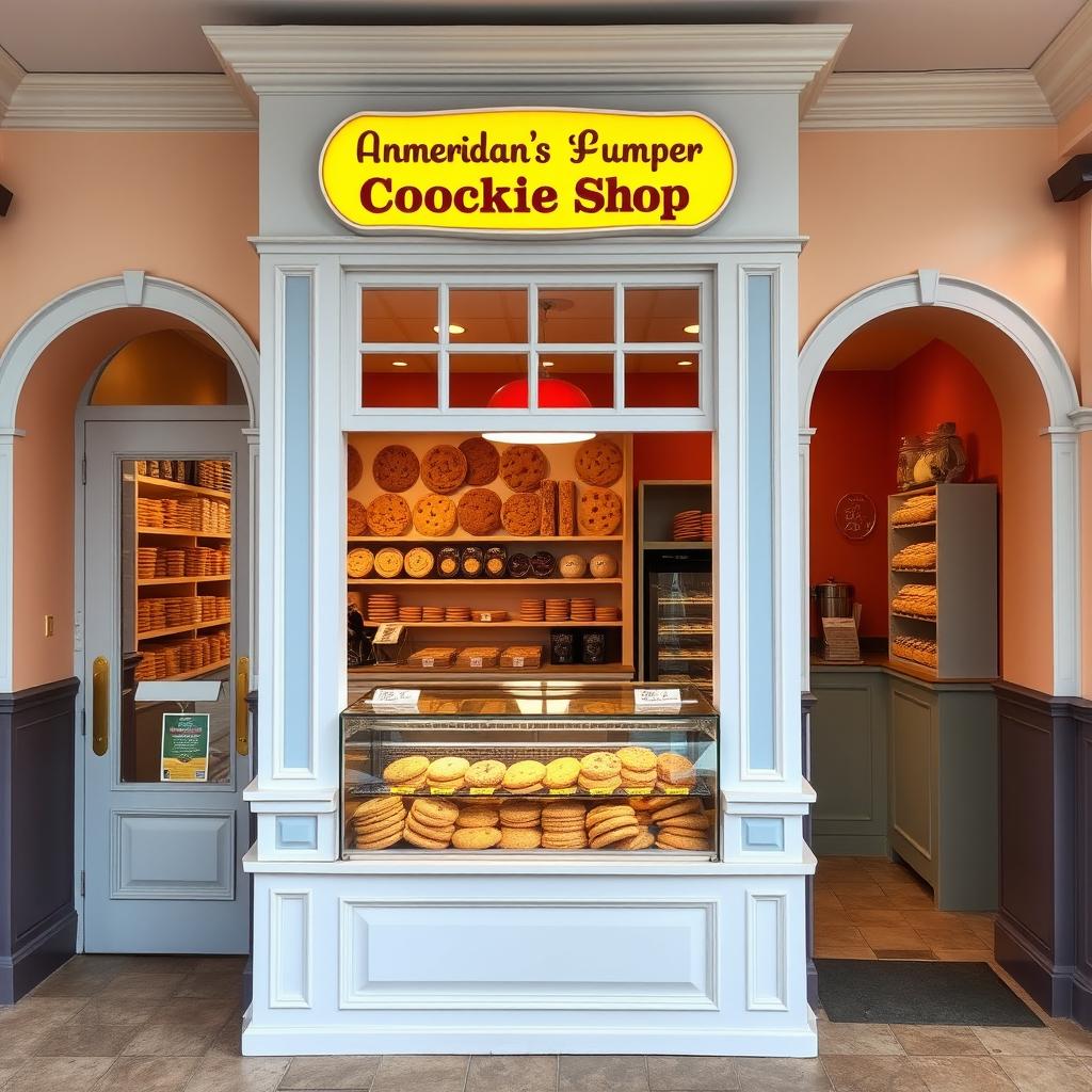 An inviting American cookie shop entrance featuring a charming display counter showcasing a variety of freshly baked cookies