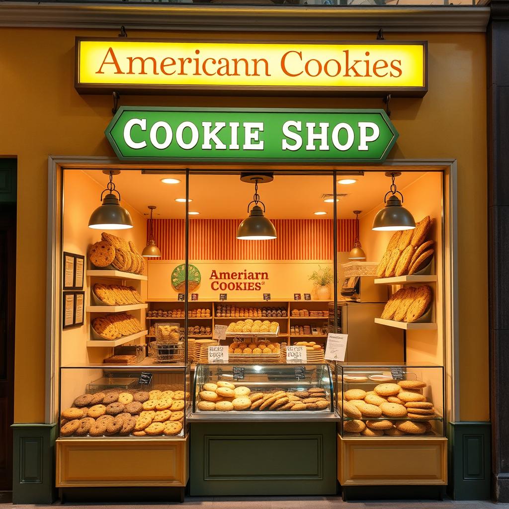 An inviting American cookie shop entrance featuring a charming display counter showcasing a variety of freshly baked cookies