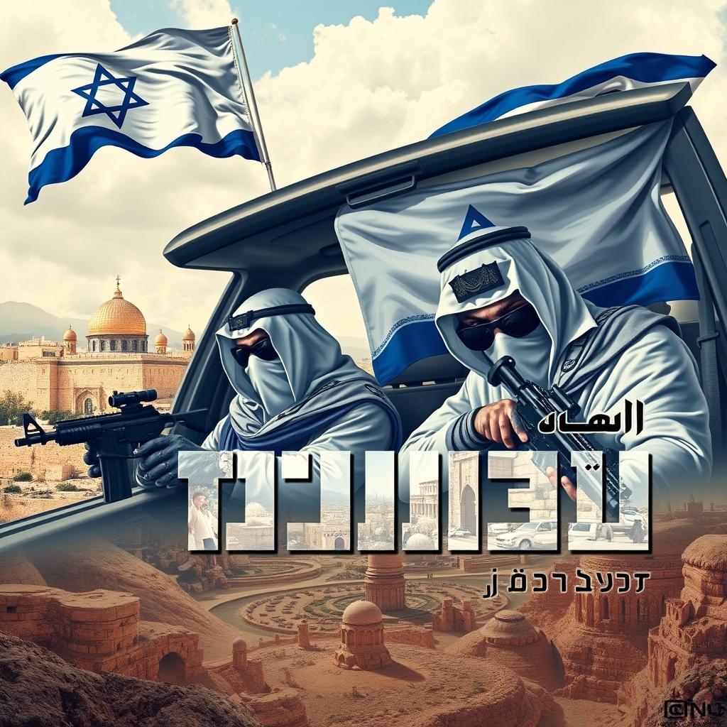 A dynamic scene depicting agents of Mossad, the Israeli intelligence agency, featuring them with silenced weapons and dressed in Arabic disguise while inside a vehicle