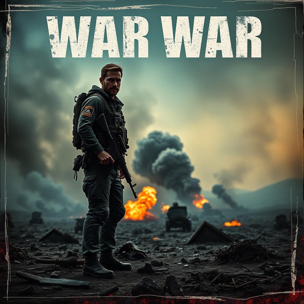 An album cover featuring a dramatic war theme, showcasing a war-torn landscape with smoke rising in the background