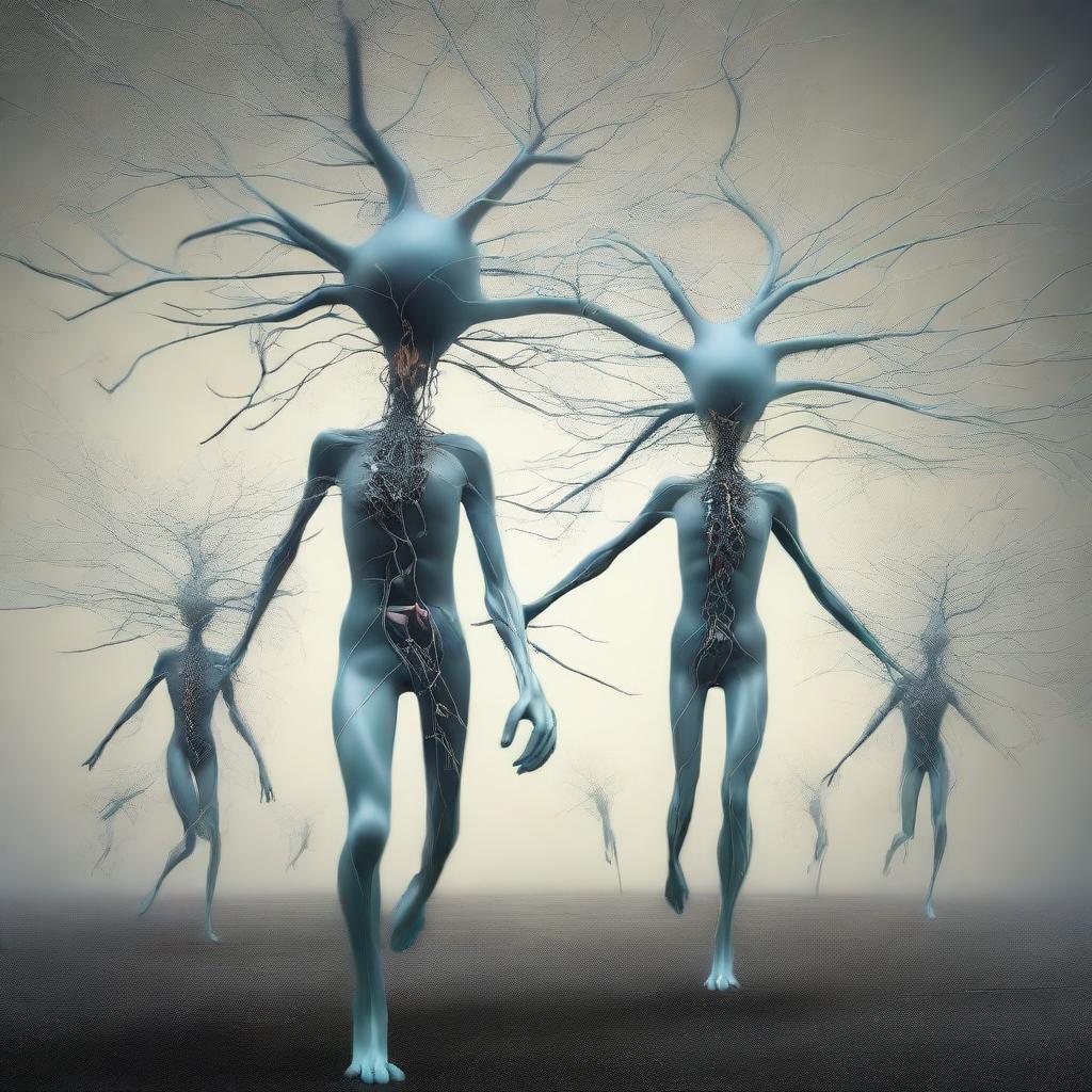 A high-quality digital art piece that illustrates surreal neuron-headed riddle mystics