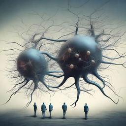 A high-quality digital art piece that illustrates surreal neuron-headed riddle mystics