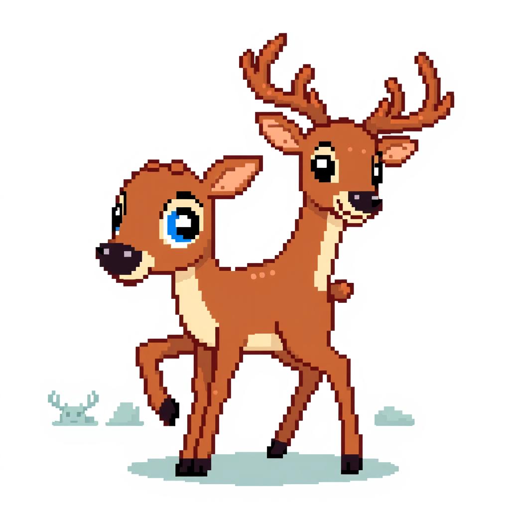 A pixel art deer designed for a video game, featuring a simple yet charming style within a 32x32 pixel format