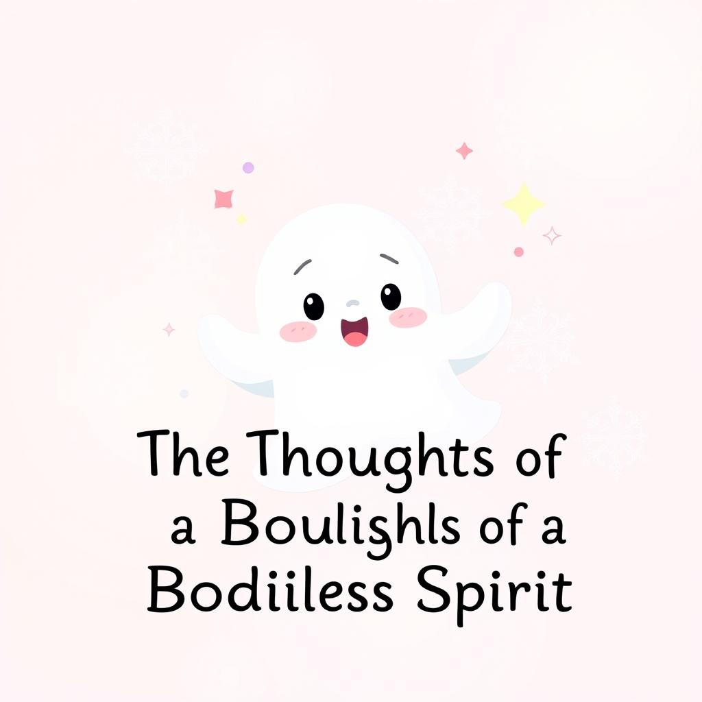 A cute and whimsical ghost character designed for the cover of a book titled 'The Thoughts of a Bodiless Spirit'