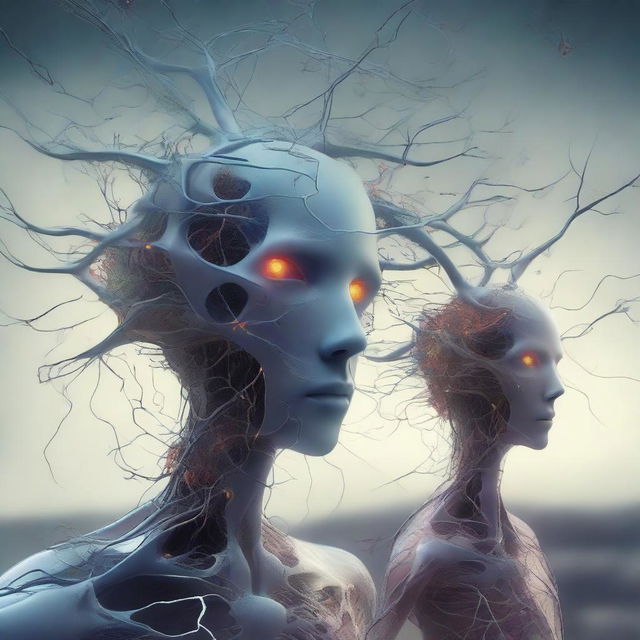 A high-quality digital art piece that illustrates surreal neuron-headed riddle mystics