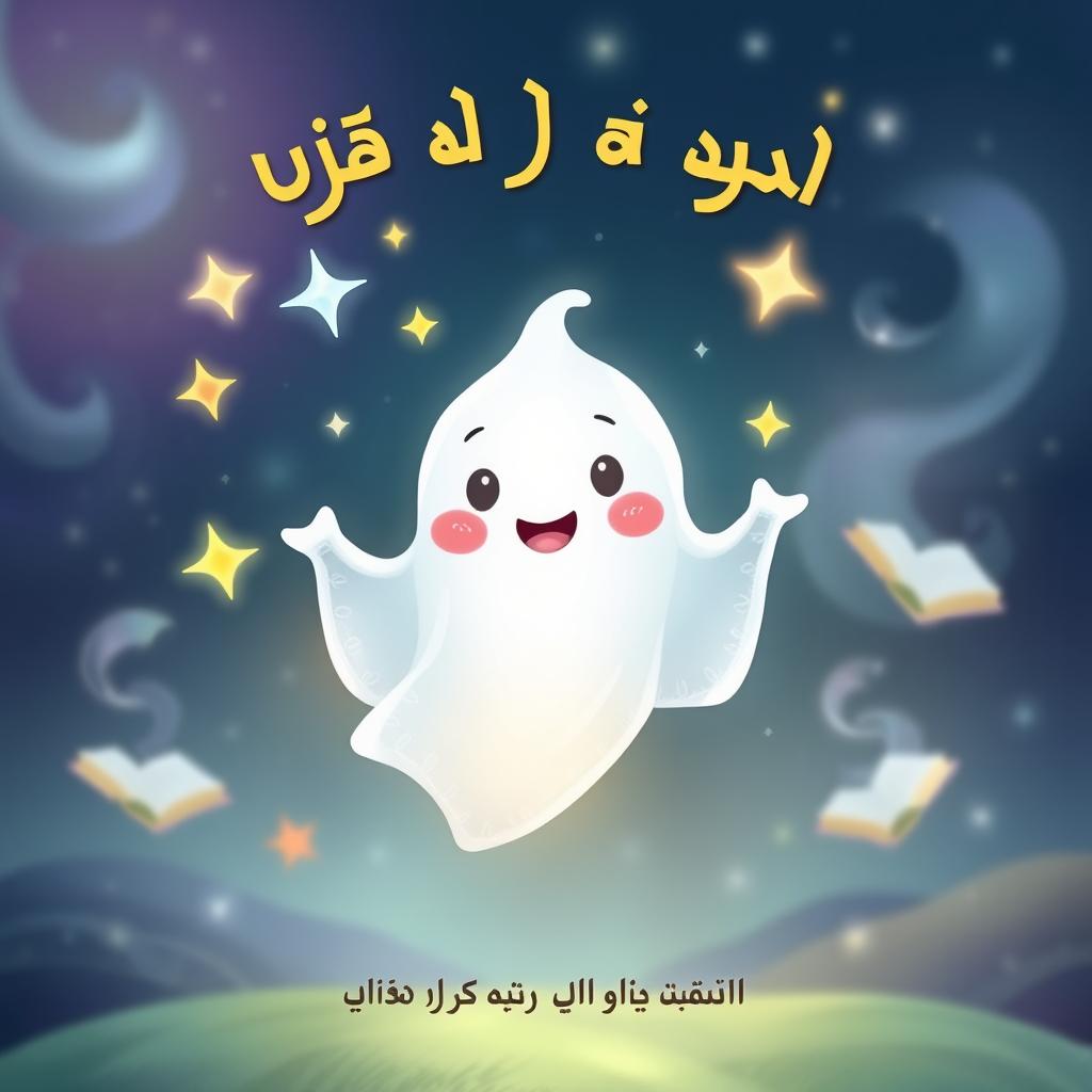 A whimsical and cheerful ghost character with a playful expression, floating enchantingly in a mystical setting
