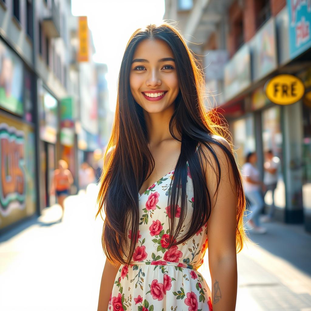 A young woman standing confidently in a vibrant urban environment