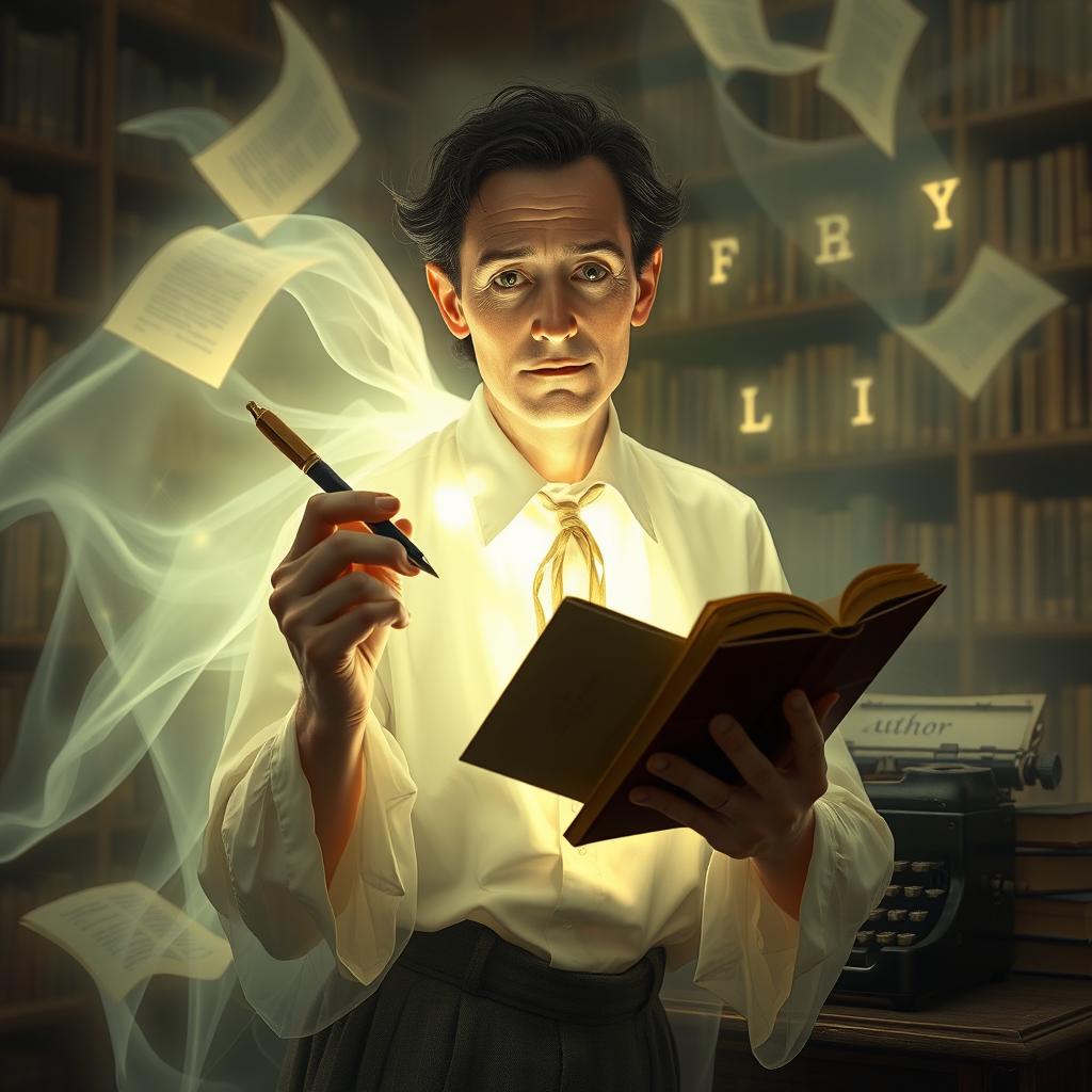 A spirit of an author holding a book and a pen, surrounded by an ethereal glow