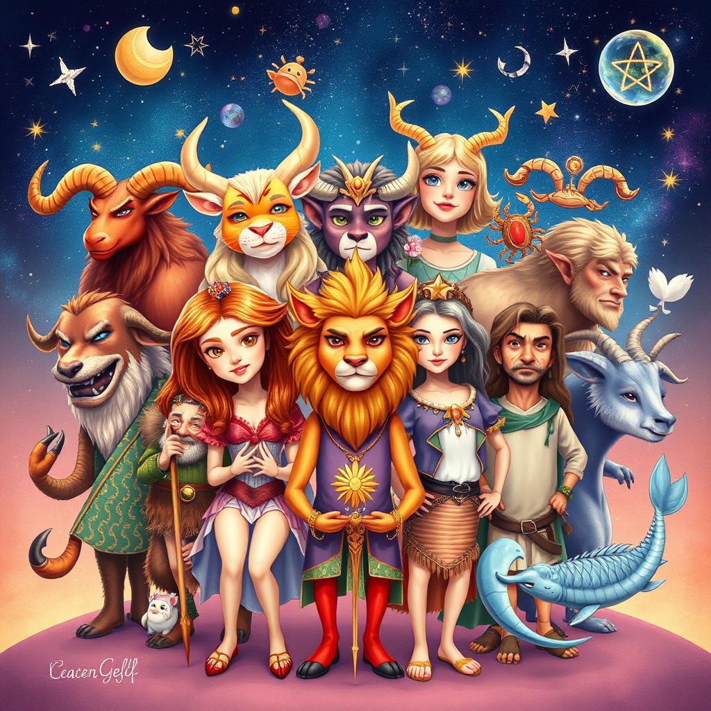 An imaginative illustration depicting the twelve zodiac signs represented as human characters in a vibrant and captivating scene