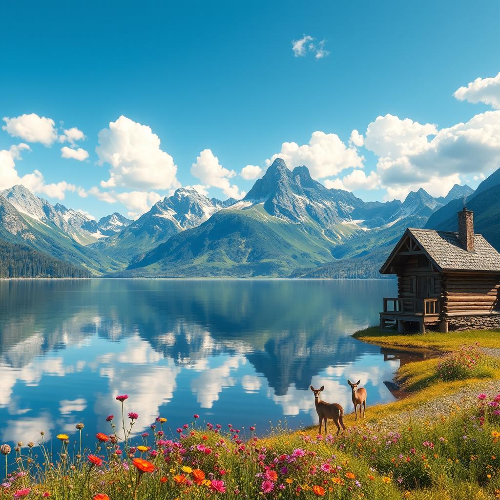 an ultra-realistic landscape featuring a serene lake surrounded by majestic mountains, under a clear blue sky with fluffy white clouds, intricate details in the reflections on the water, vibrant wildflowers in the foreground, a picturesque wooden cabin with smoke gently rising from the chimney, and a family of deer grazing peacefully nearby, all rendered in stunning 4K resolution for a crystal clear appearance