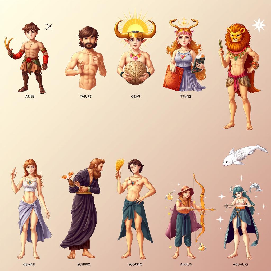 Twelve human characters representing the zodiac signs, each adorned with symbolic elements corresponding to their astrological traits