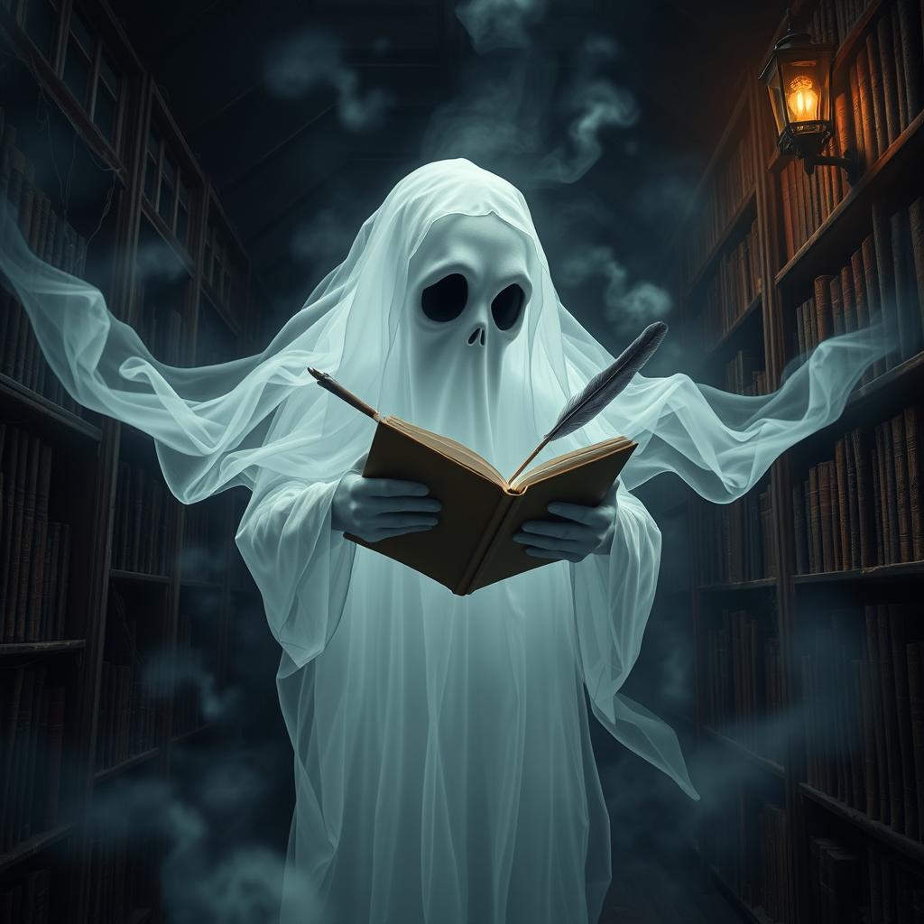 A spooky ghost of a writer holding a book and a quill pen, surrounded by an eerie mist