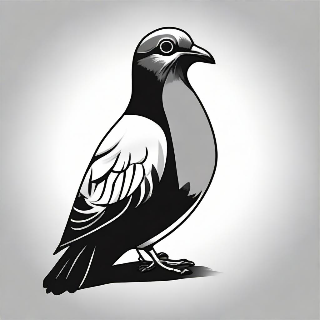 A high contrast, black and white vector-style illustration of a pigeon. The design should be simple, flat and in line art.